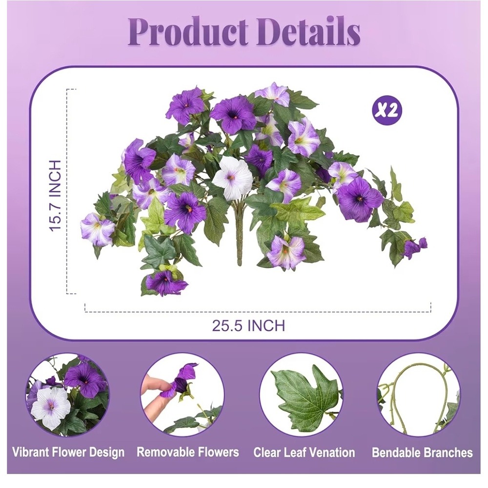 Ammyoo 2Pc Artificial Petunia Flowers UV Resistant Purple White Faux Silk Plants